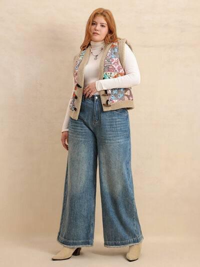 Plus Size Printed Sherpa Vest Coat - Clothes For Her Online Store