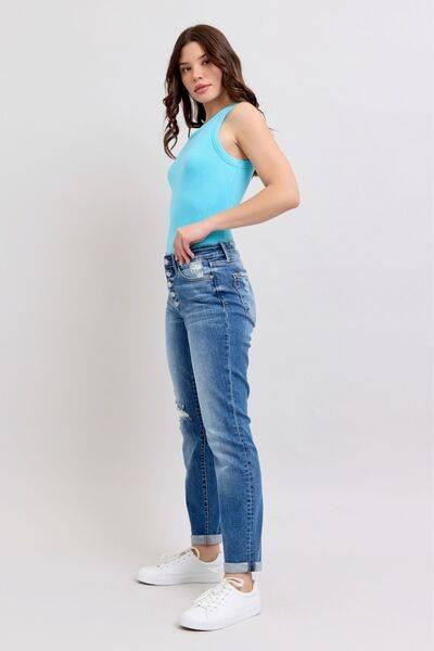 Judy Blue Full Size Button Fly Distressed Jeans with Pockets Plus Size - Clothes For Her Online Store