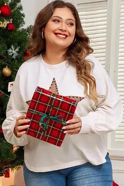 Plus Size Studded Star Round Neck Long Sleeve Blouse - Clothes For Her Online Store
