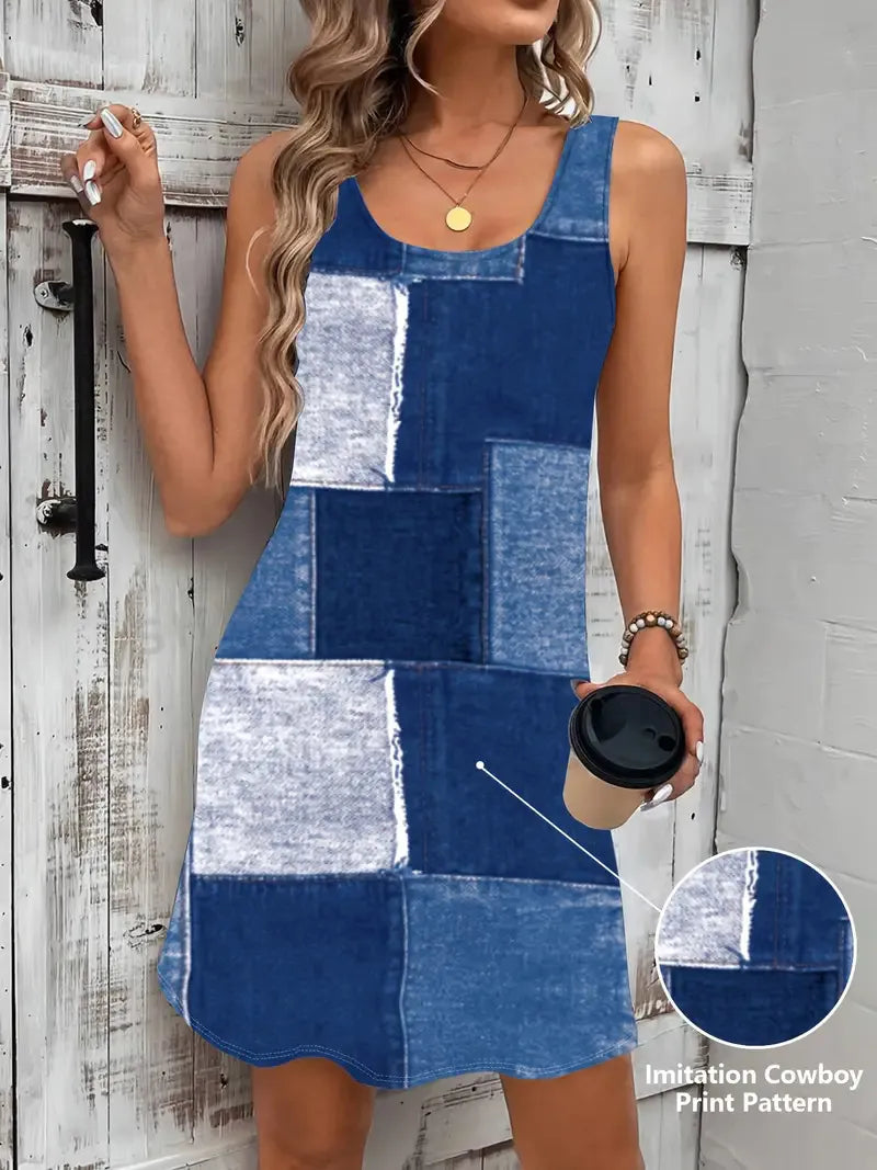 Patchwork Scoop Neck Denim Tank Dress