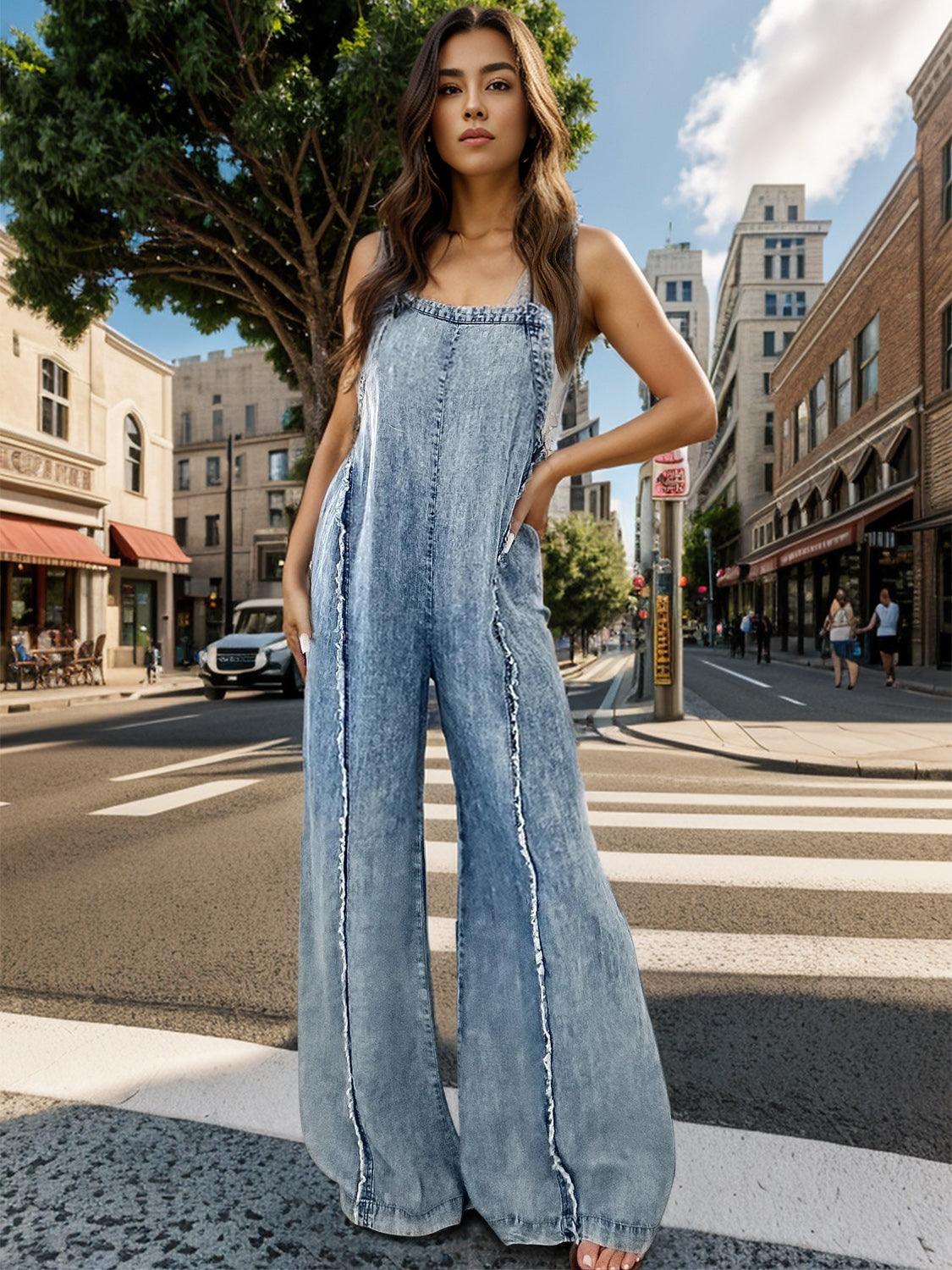 Adjustable Strap Wide Leg Denim Overalls - Clothes For Her Online Store