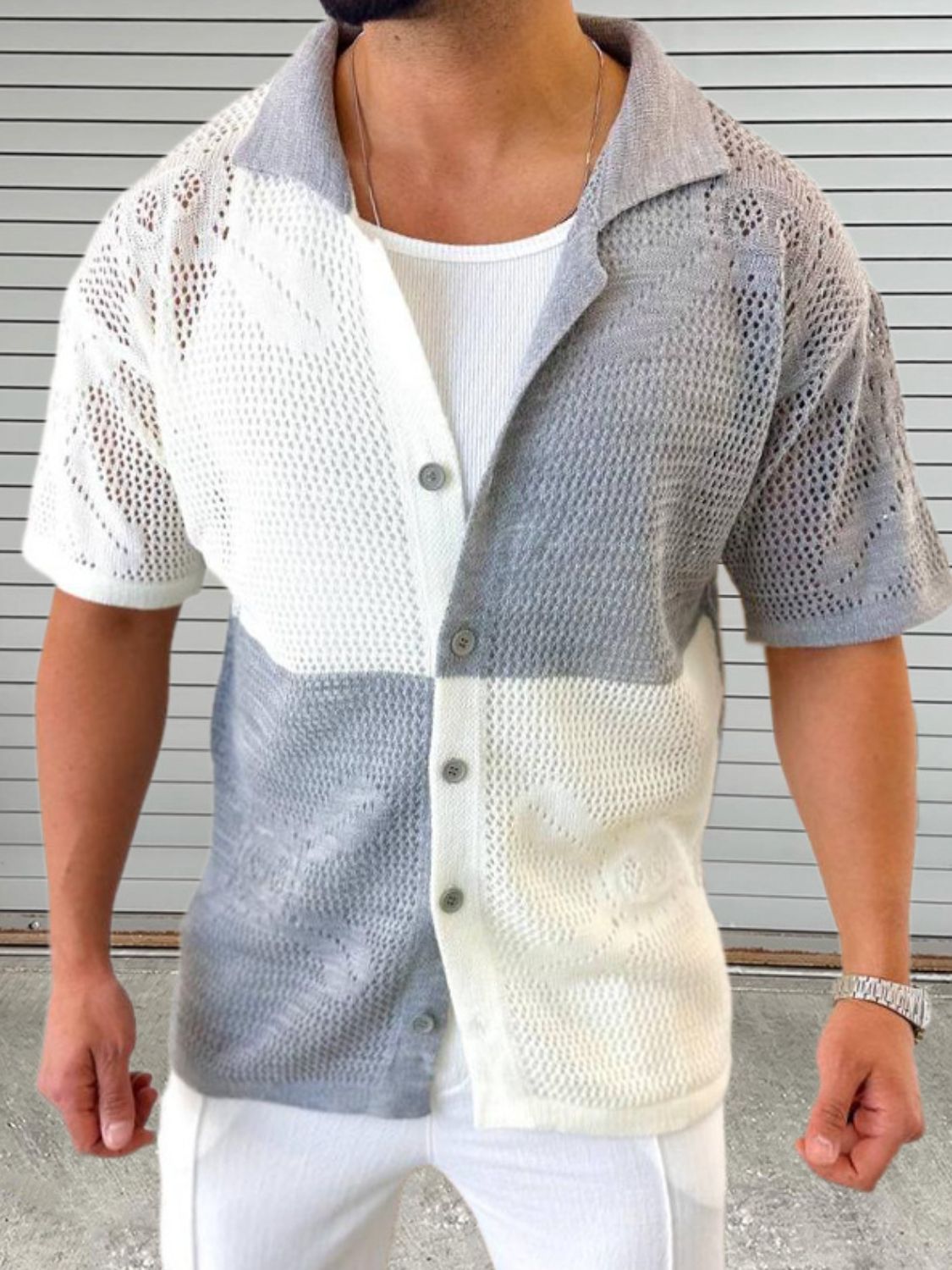 Men's Contrast Button Down Hollow Out Shirt - Clothes For Her Online Store