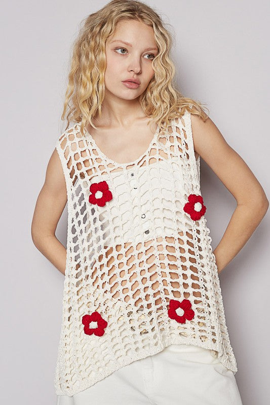 POL Flower Crochet Scoop Neck Sleeveless Knit Cover Up