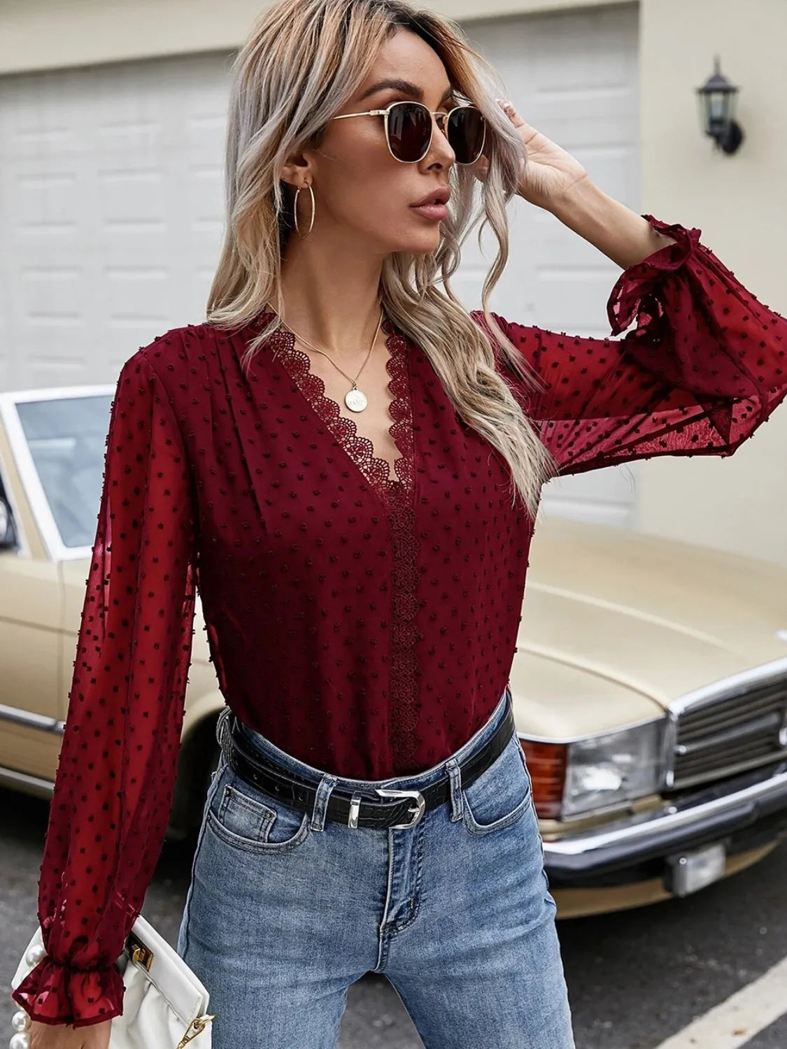 Lace Detail V-Neck Swiss Dot Blouse