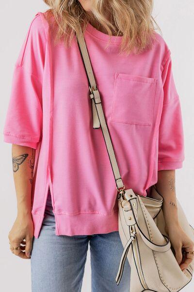 Exposed Seam Side Slit Round Neck Top - Clothes For Her Online Store