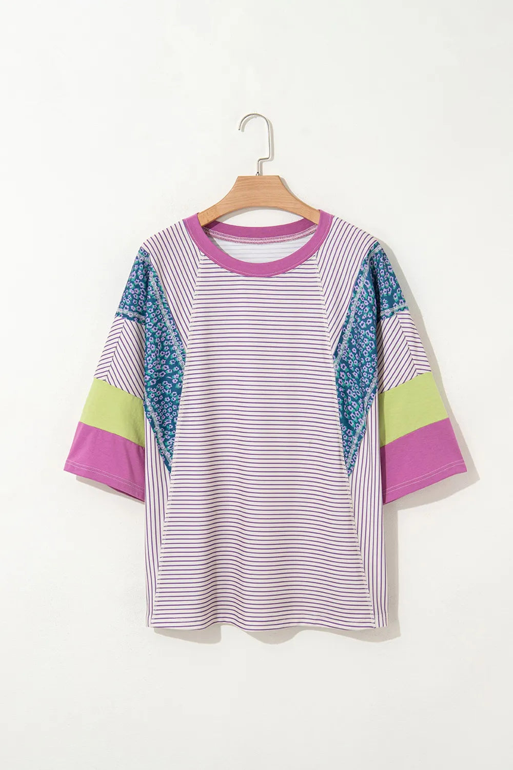 Stripe Floral Color Block Raw Edge Patchwork Top