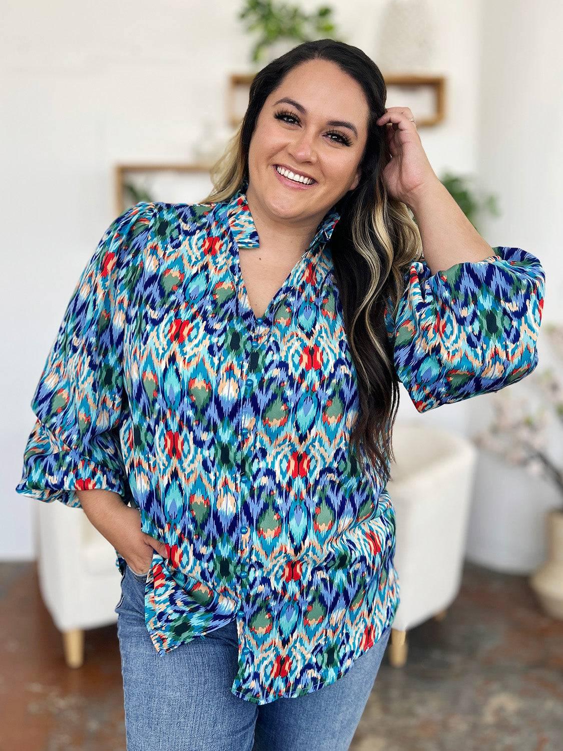 Double Take Full Size Printed Balloon Sleeve Blouse - Clothes For Her Online Store