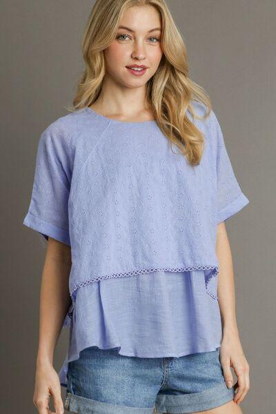 Umgee Full Size Eyelet Layered Short Sleeve Blouse Plus Size - Clothes For Her Online Store