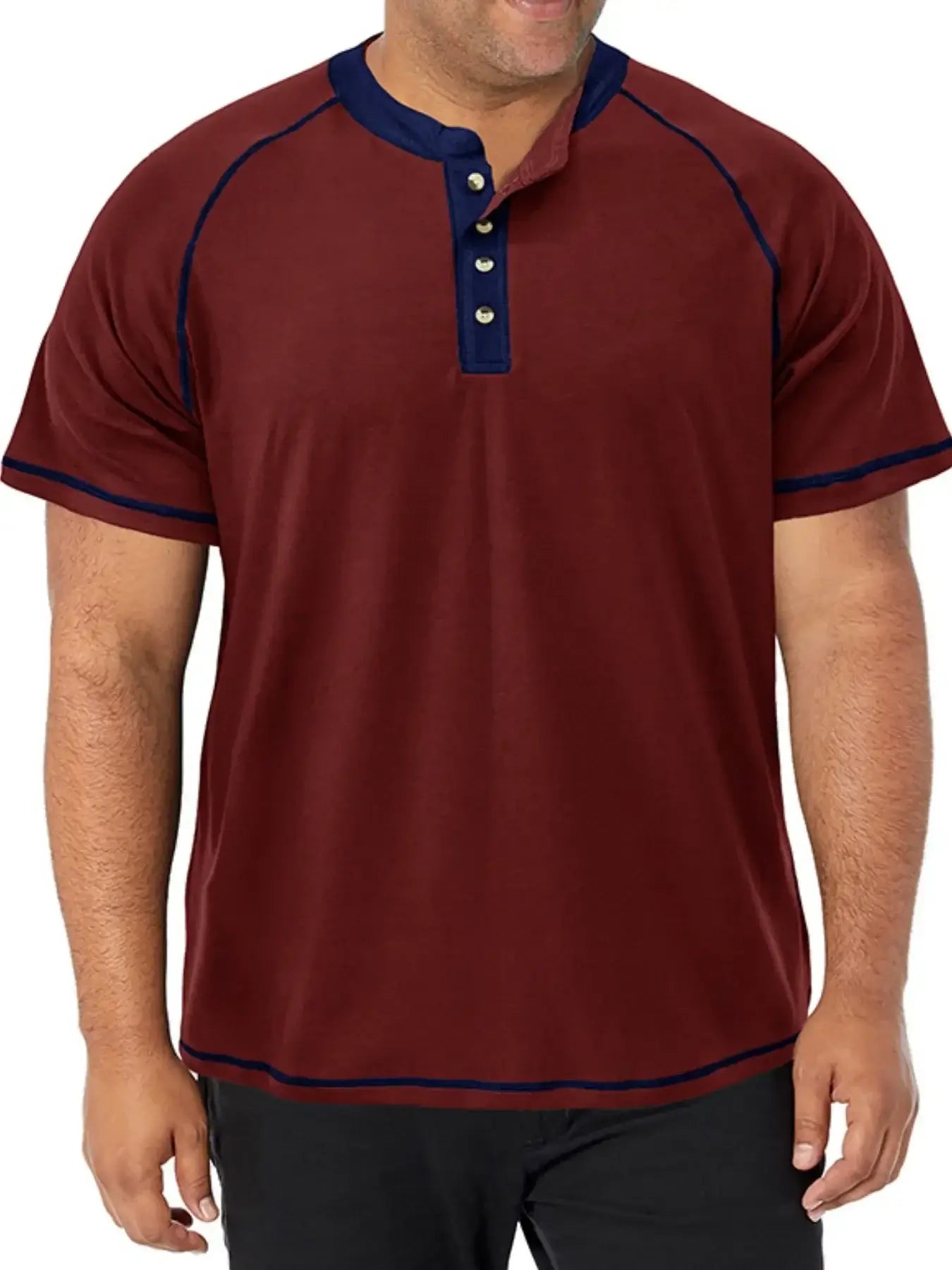 Men's Plus Size Contrast Stitch Henley Polo Shirt