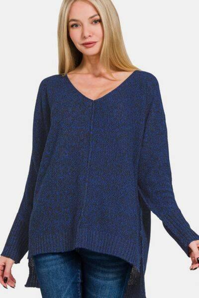 Zenana High-Low Center Seam V-Neck Sweater - Clothes For Her Online Store
