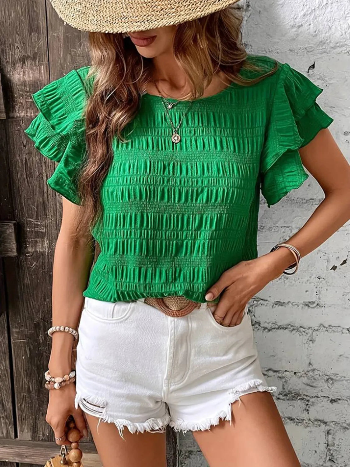 Round Neck Ruffled Short Sleeve Top