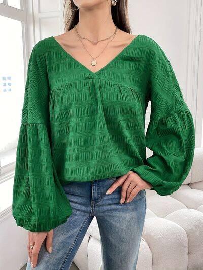 Plus Size Texture V-Neck Long Sleeve Top - Clothes For Her Online Store