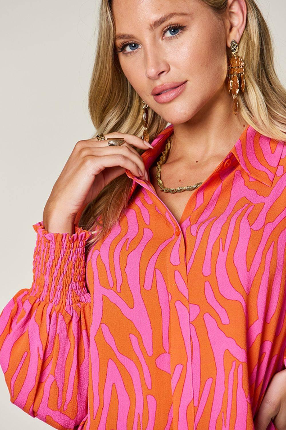 Double Take Full Size Printed Smocked Long Sleeve Blouse - Clothes For Her Online Store