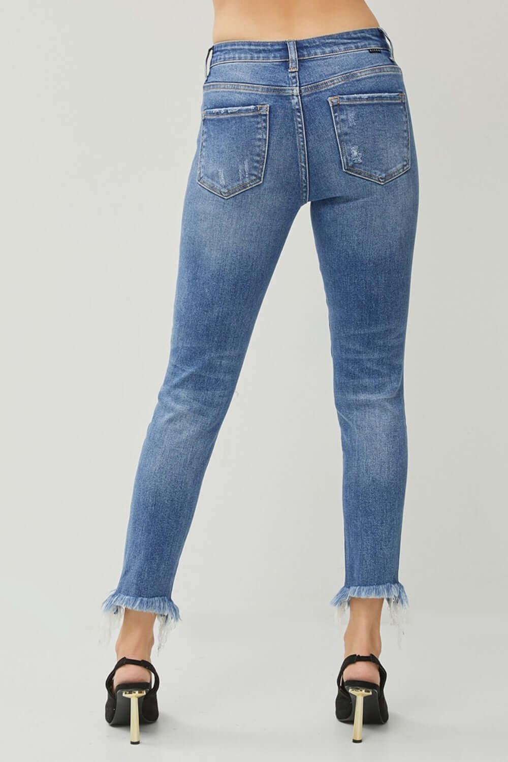 RISEN Distressed Frayed Hem Slim Jeans - Clothes For Her Online Store