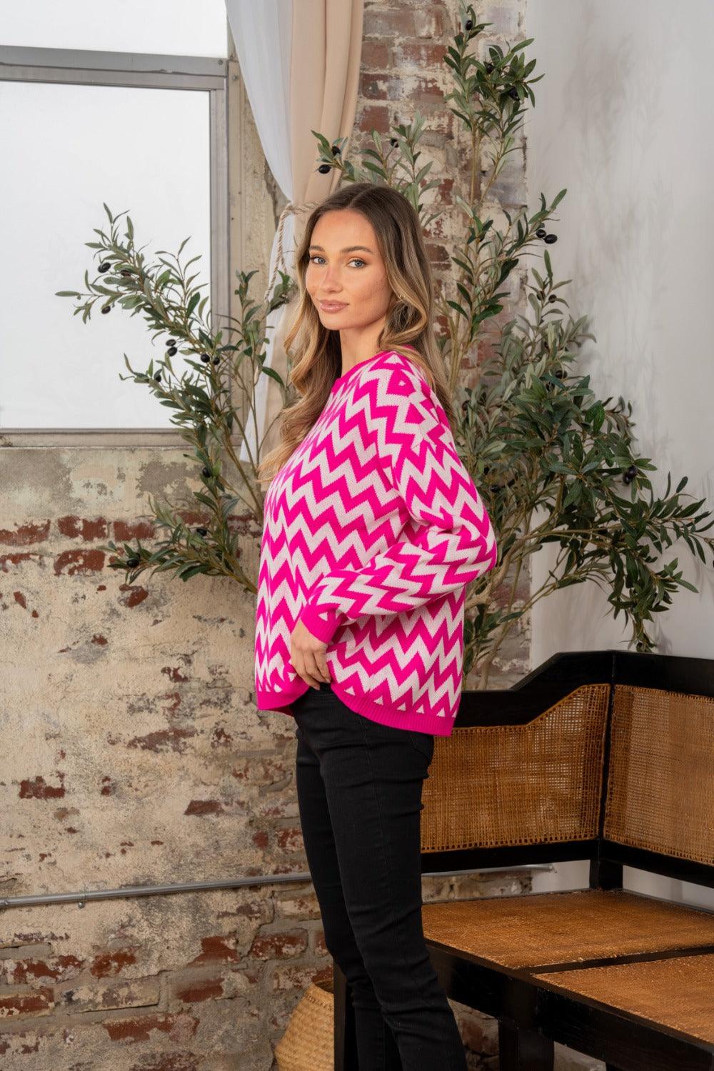 Sew In Love Full Size Wave Stripe Contrast Long Sleeve Sweater - Clothes For Her Online Store