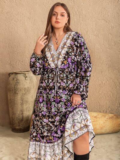 Plus Size V-Neck Balloon Sleeve Printed Midi Dress - Clothes For Her Online Store