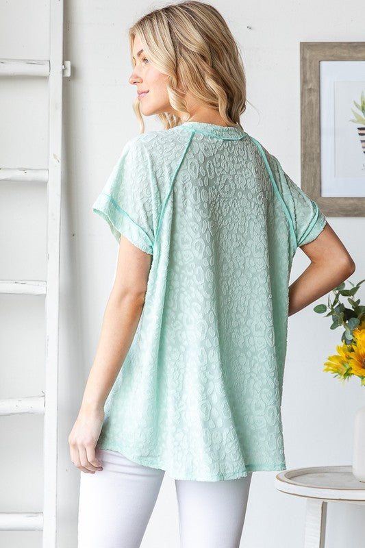 Heimish Full Size Exposed Seam V-Neck Short Sleeve Leopard Top Plus Size - Clothes For Her Online Store