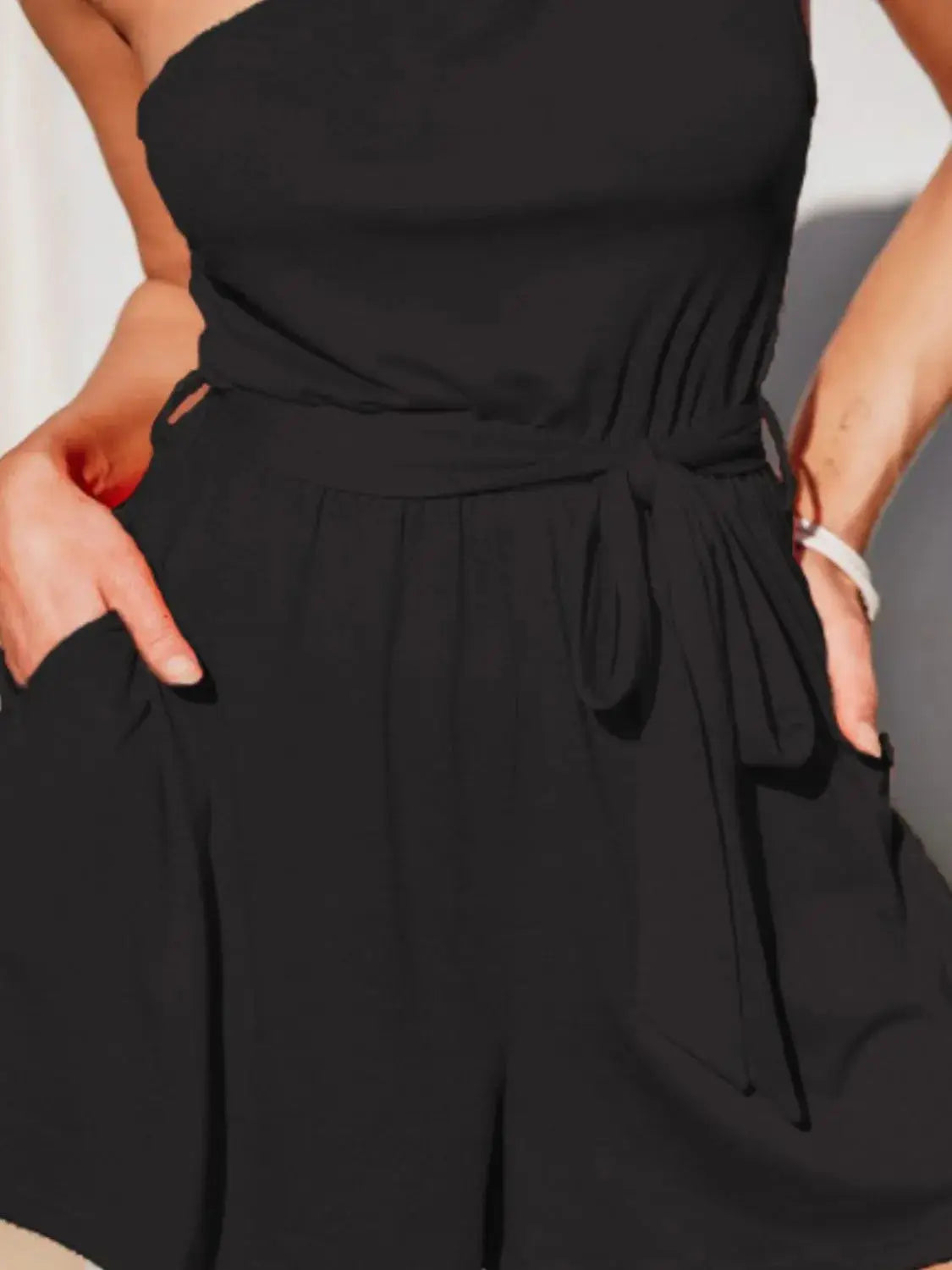 Single Shoulder Tie Waist Romper - Clothes For Her Online Store