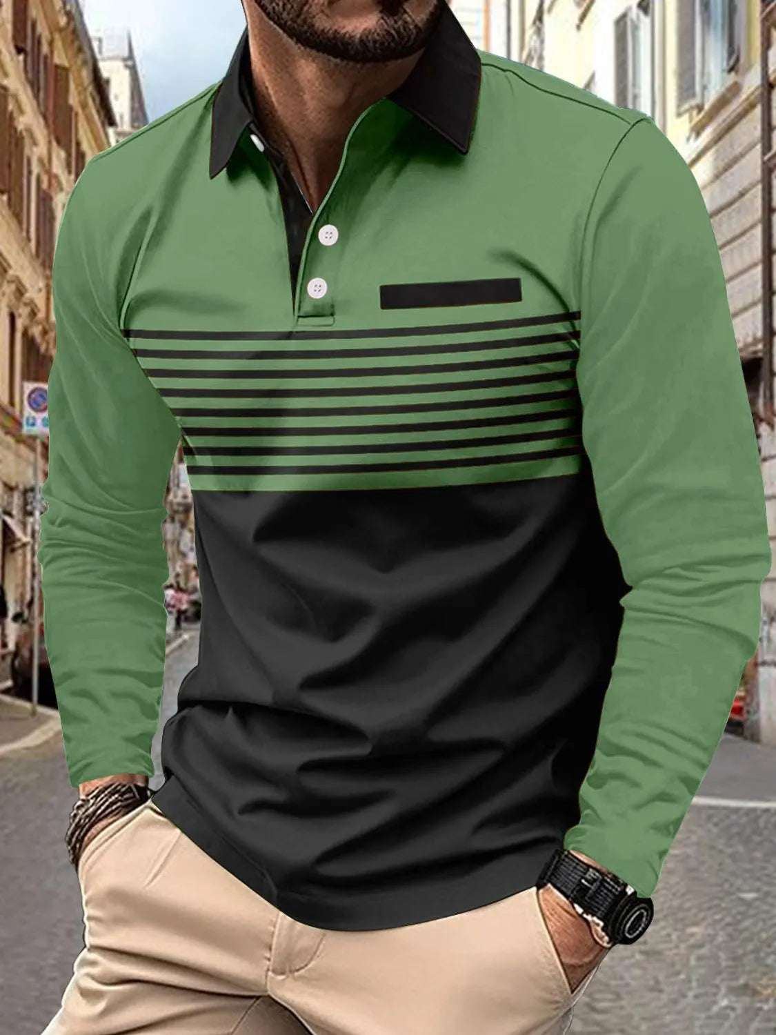 Men's Full Size Collared Neck Long Sleeve Striped Polo Plus Size