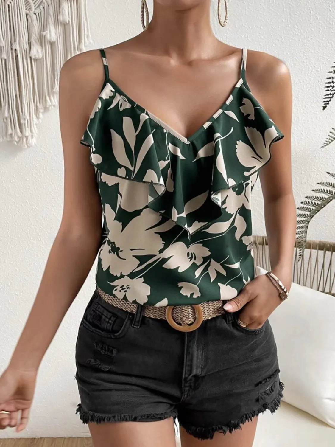 Ruffled Printed V-Neck Cami