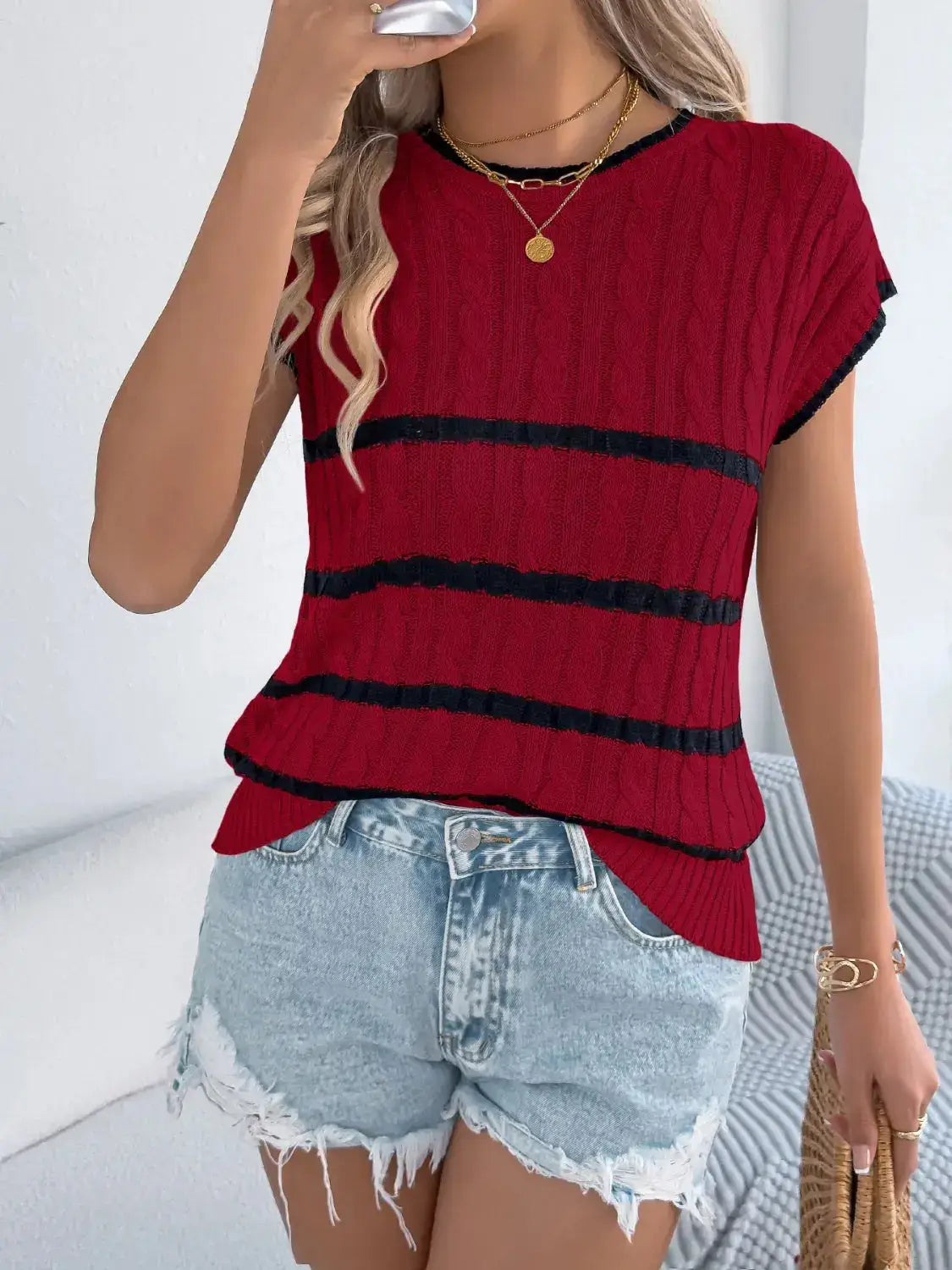 Cable-Knit Striped Round Neck Knit Top - Clothes For Her Online Store