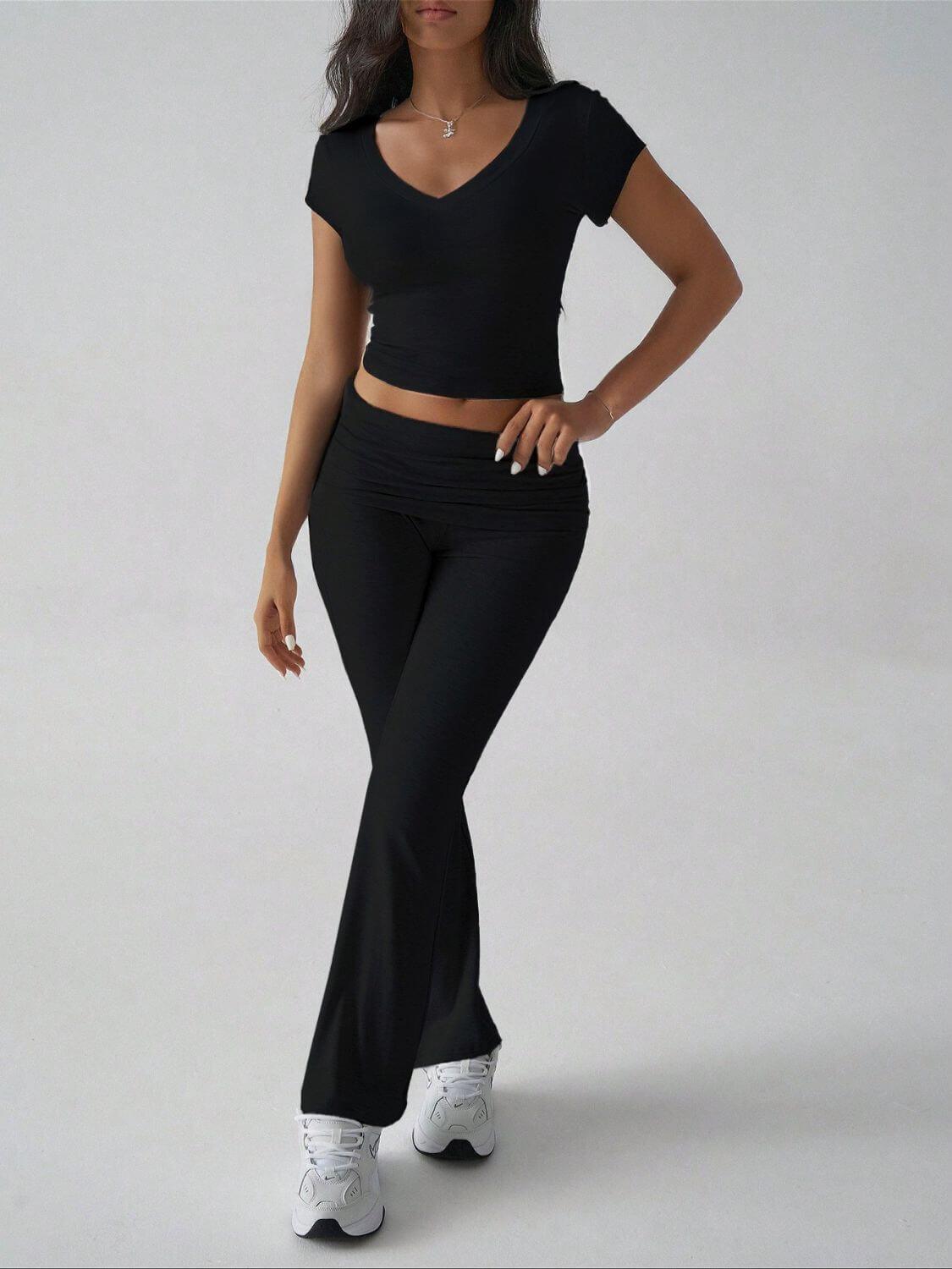 Devine V-Neck Top and Bootcut Leggings Set - Clothes For Her Online Store