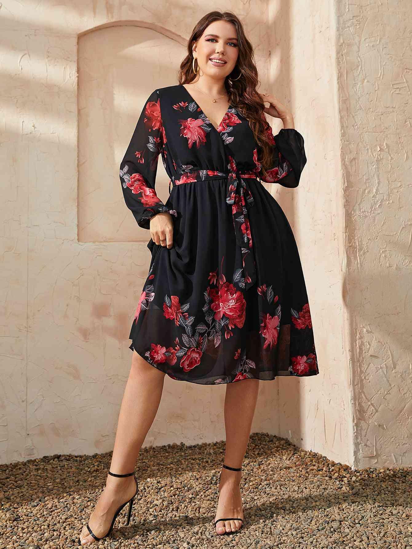 Honey Plus Size Floral Surplice Neck Tie Waist Dress - Clothes For Her Online Store