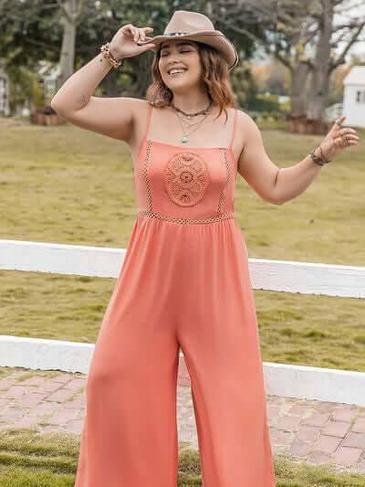 Plus Size Lace Detail Spaghetti Strap Wide Leg Jumpsuit - Clothes For Her Online Store