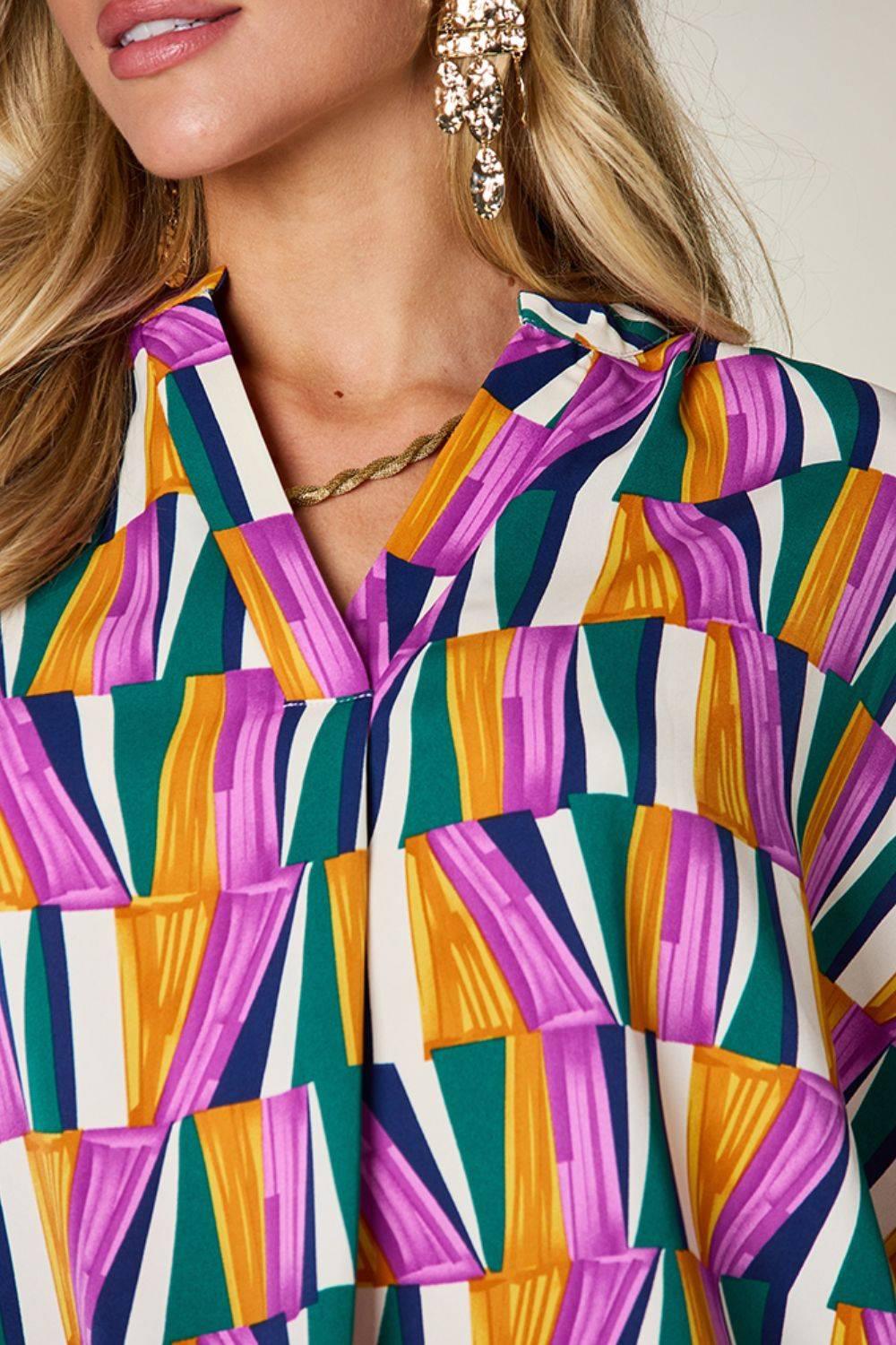 Double Take Full Size Geometric Notched Dolman Sleeve Top - Clothes For Her Online Store