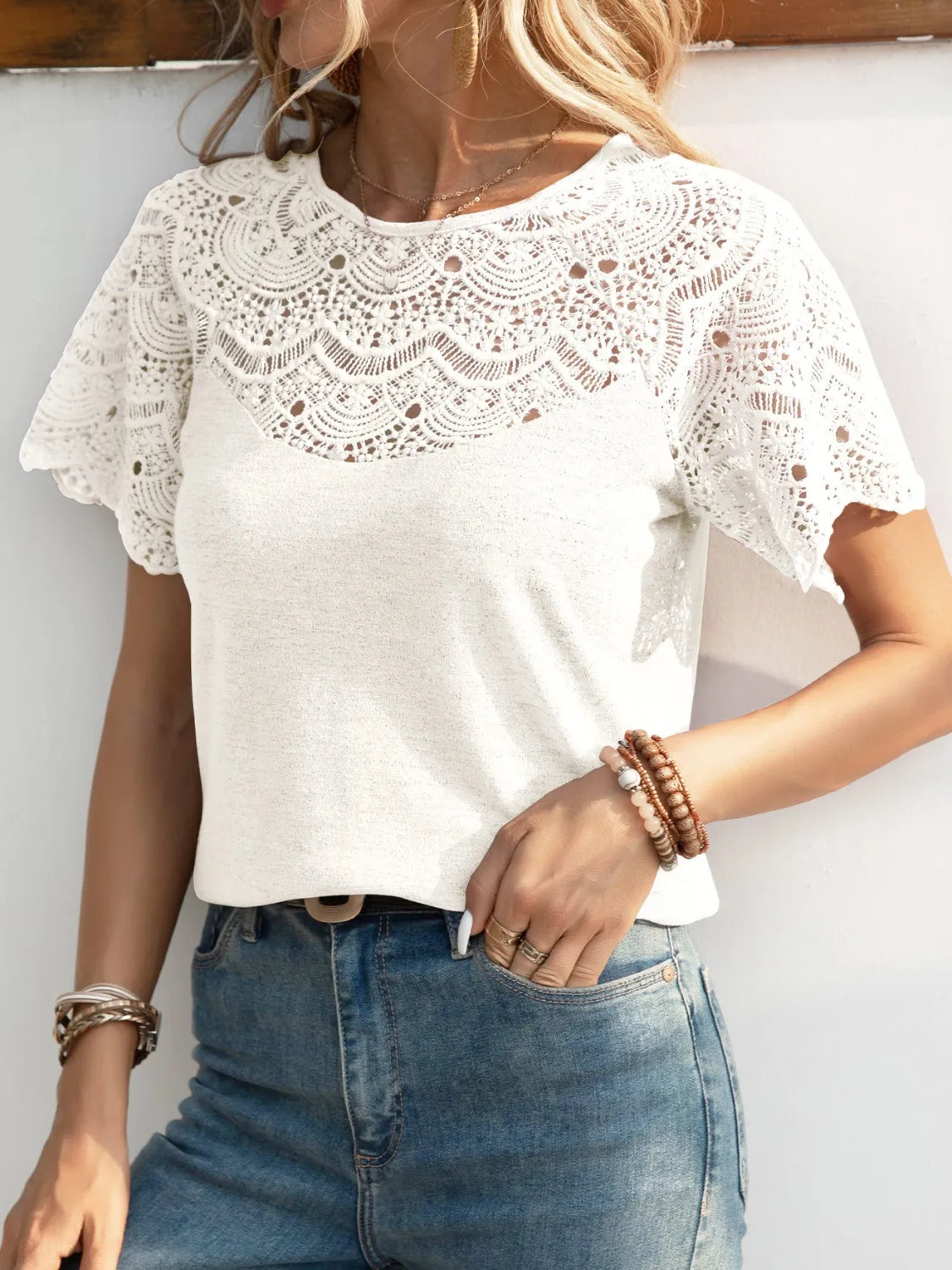 Round Neck Short Sleeve Crochet Top