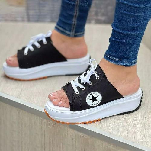 2022 Casual Canvas Thick-soled Lace-up Womens Sandals Slippers - Clothes For Her Online Store