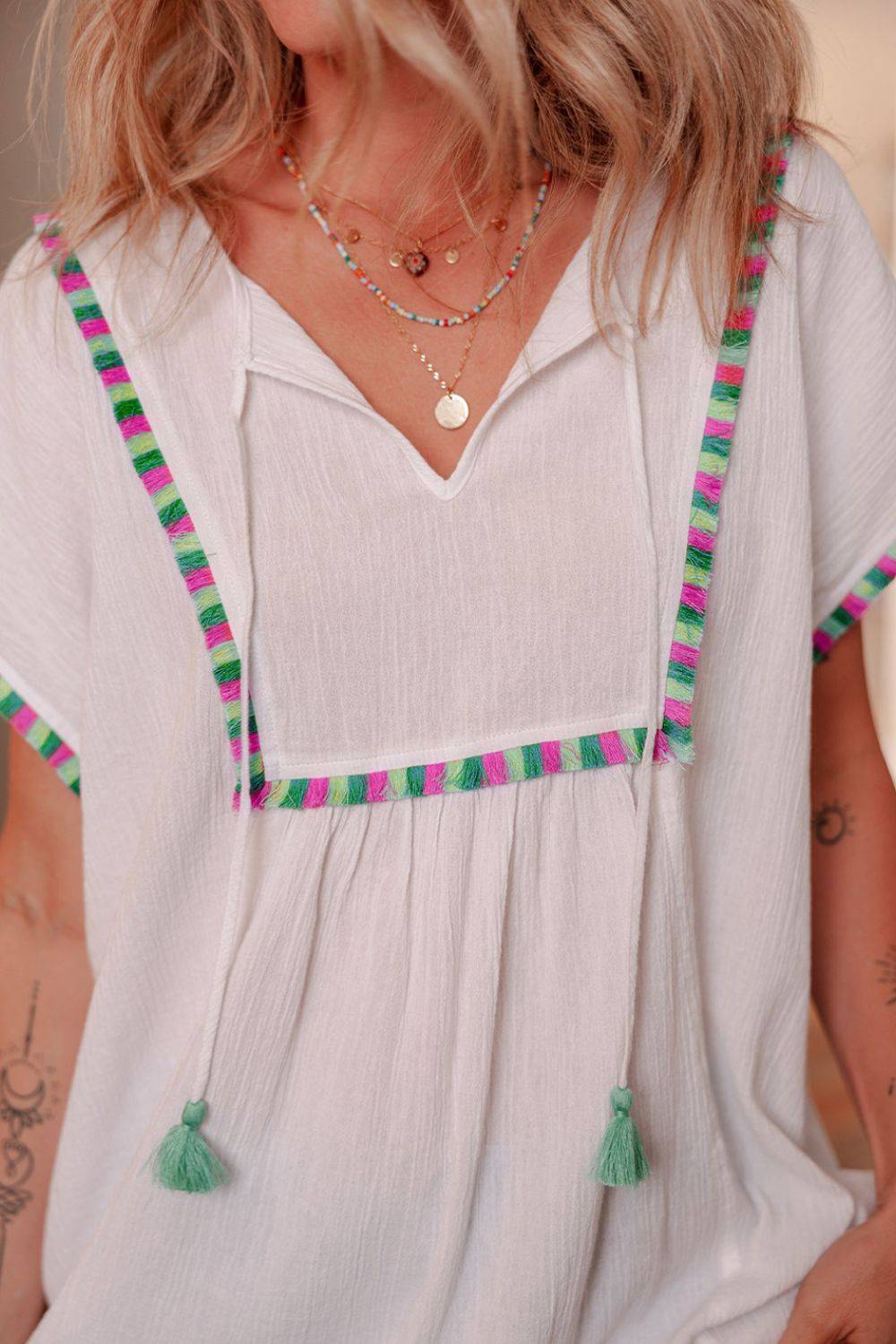 Tassel Tie Neck Short Sleeve Blouse - Clothes For Her Online Store