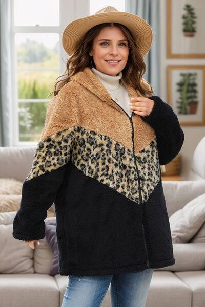 Plus Size Leopard Zip Up Hooded Outerwear - Clothes For Her Online Store