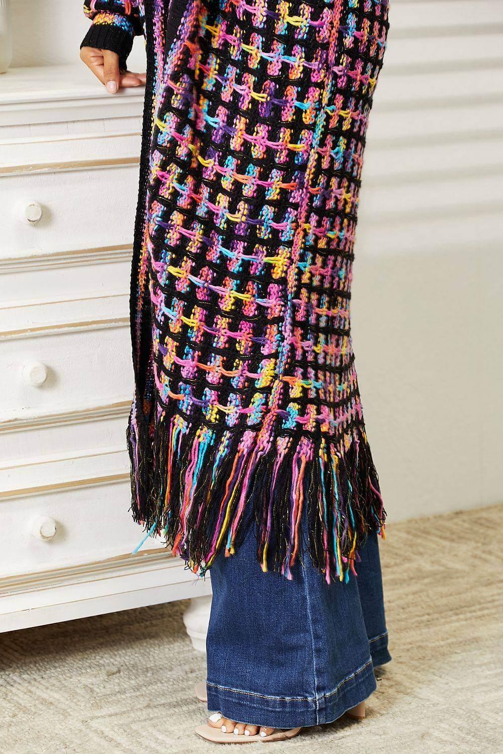 Angel Wings Full Size Multicolored Open Front Fringe Hem Cardigan - Clothes For Her Online Store