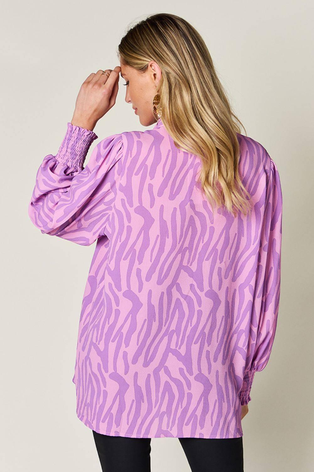 Double Take Full Size Printed Smocked Long Sleeve Blouse - Clothes For Her Online Store