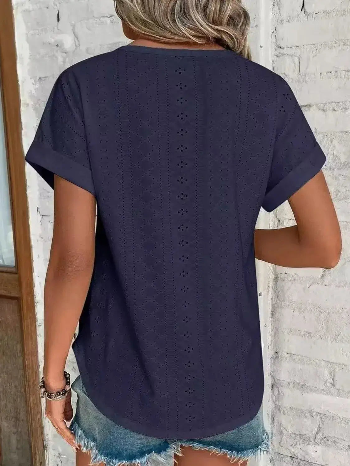 Eyelet Round Neck Short Sleeve Top - Clothes For Her Online Store