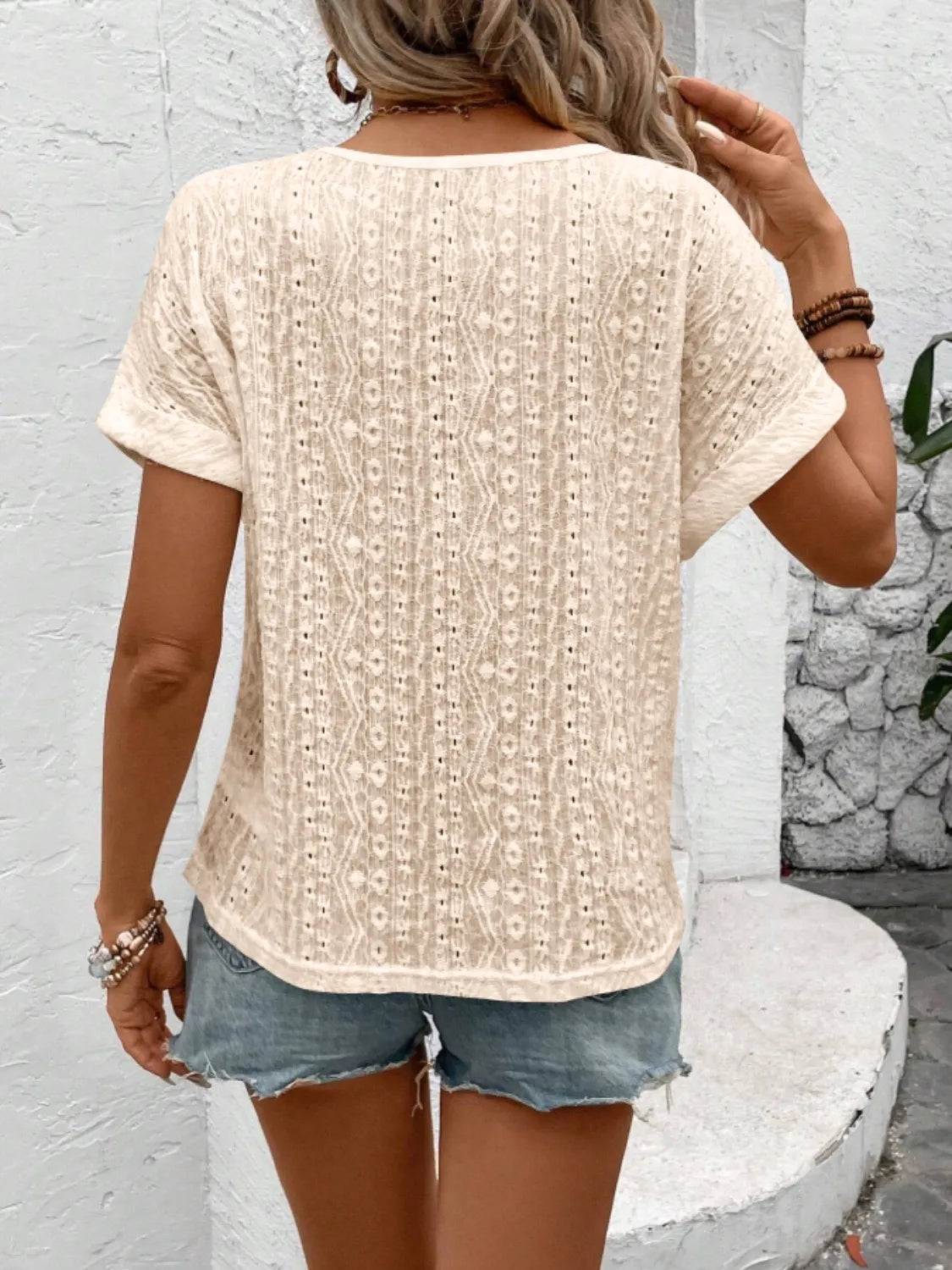 Eyelet Round Neck Short Sleeve Top