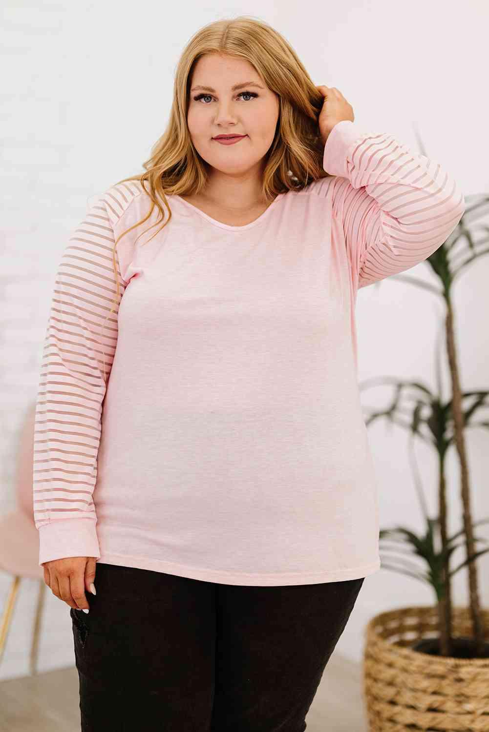 Plus Size Sheer Striped Sleeve V-Neck Top - Clothes For Her Online Store