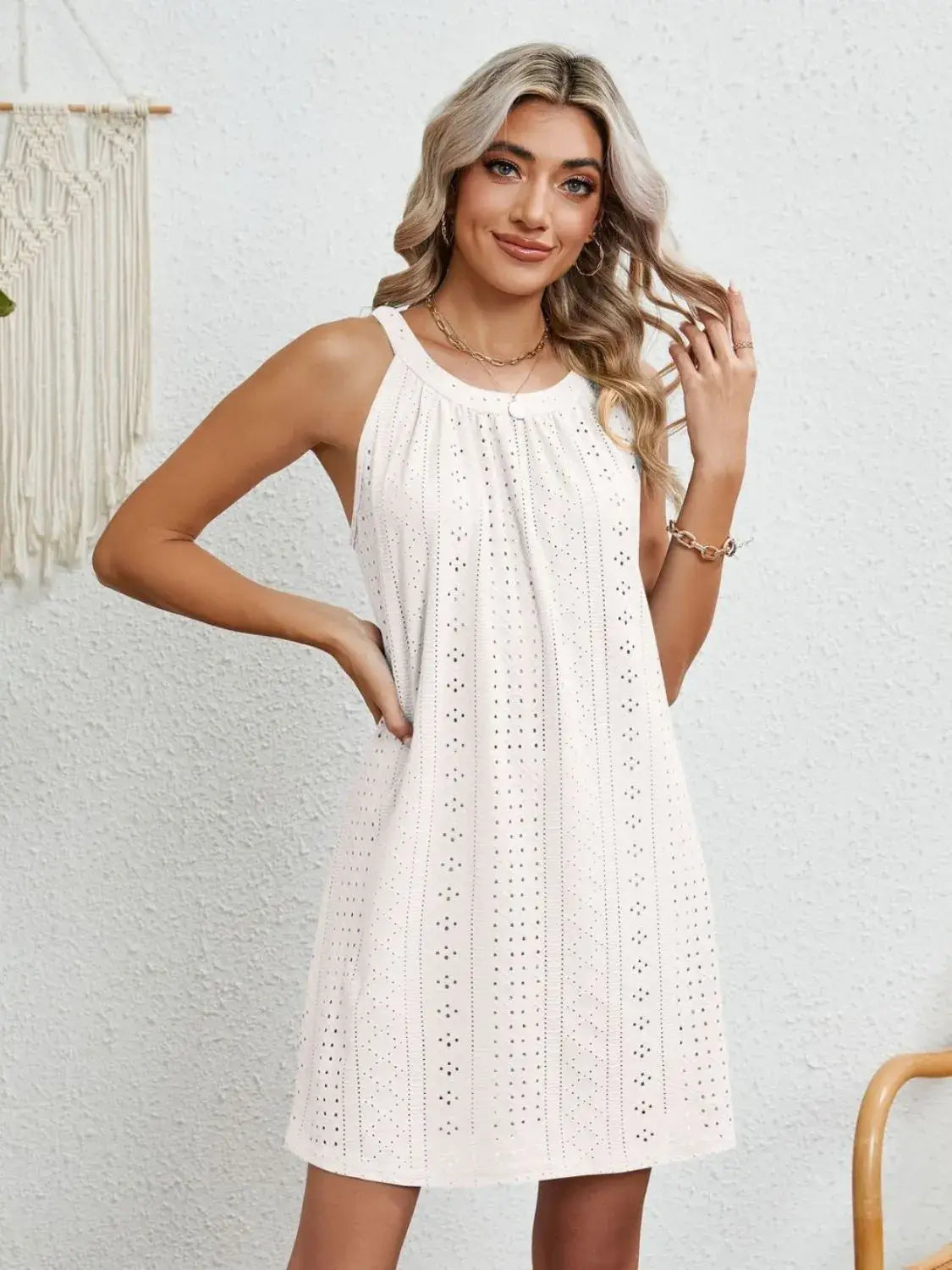 Eyelet Round Neck Sleeveless Dress