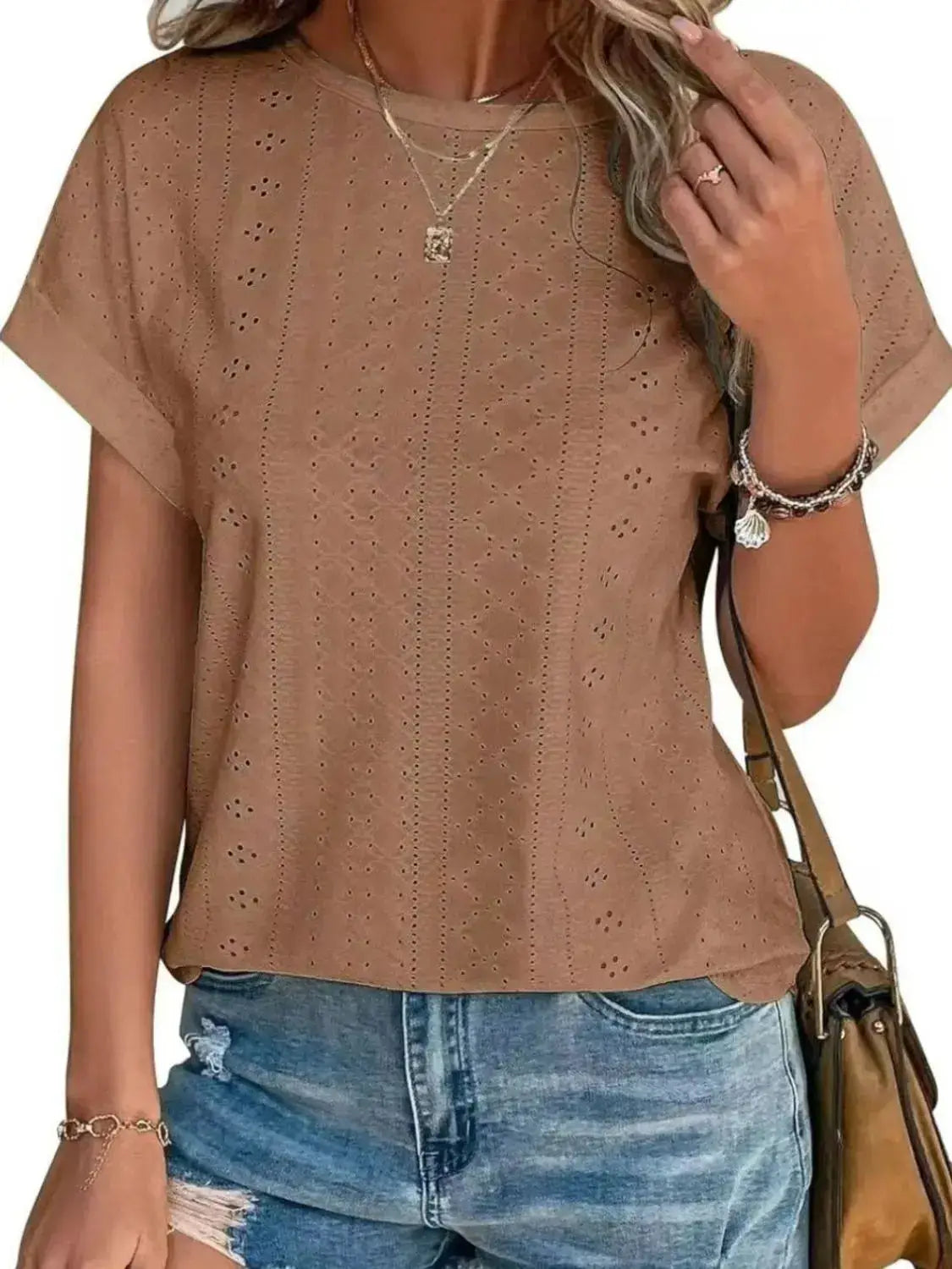 Eyelet Round Neck Short Sleeve Top - Clothes For Her Online Store