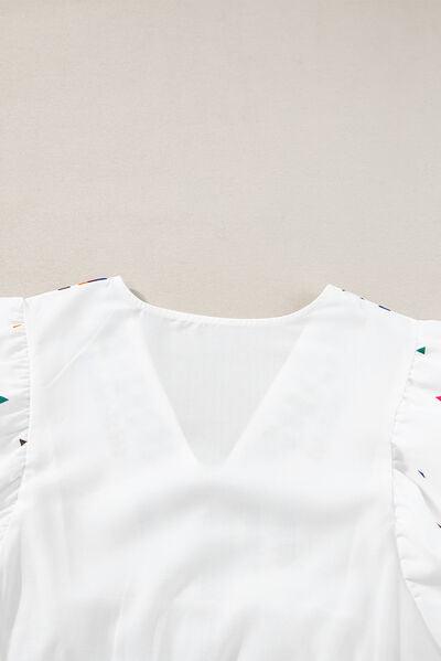 Printed V-Neck Puff Sleeve Top - Clothes For Her Online Store