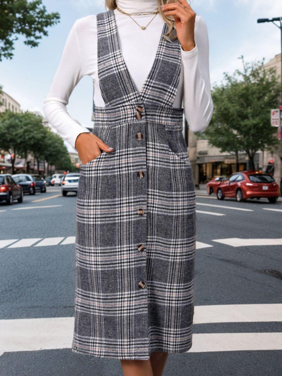 Perfee Pocketed Plaid Overall Dress - Clothes For Her Online Store