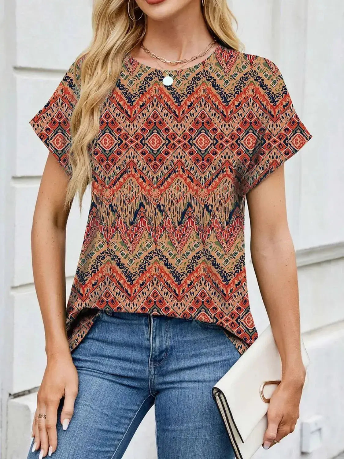 Printed Round Neck Short Sleeve Top - Clothes For Her Online Store
