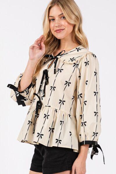 SAGE + FIG Bow Print Tie Front Babydoll Blouse - Clothes For Her Online Store