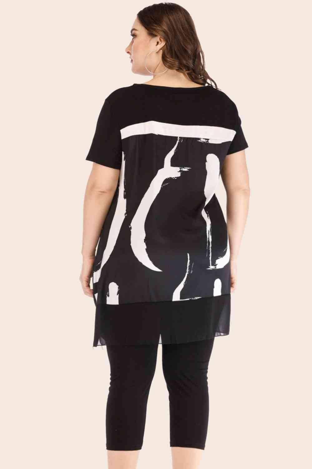 Plus Size Contrast Spliced Mesh T-Shirt and Cropped Leggings Set - Clothes For Her Online Store