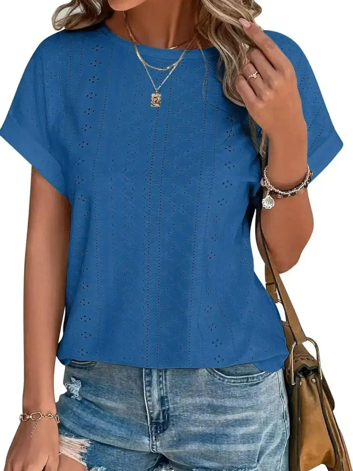 Eyelet Round Neck Short Sleeve Top - Clothes For Her Online Store