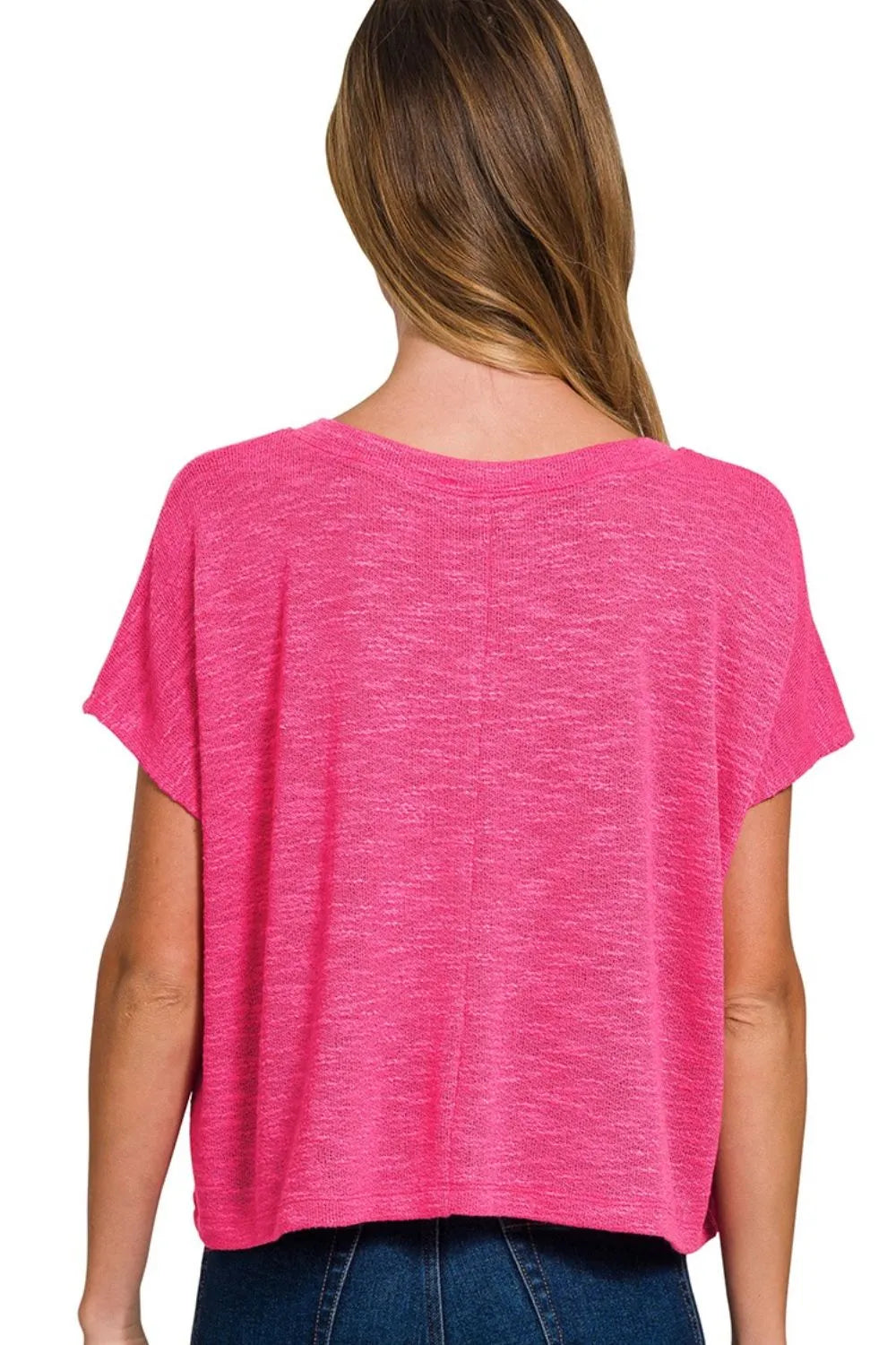 Zenana Hacci Slub V-neck Drop Shoulder Crop Top