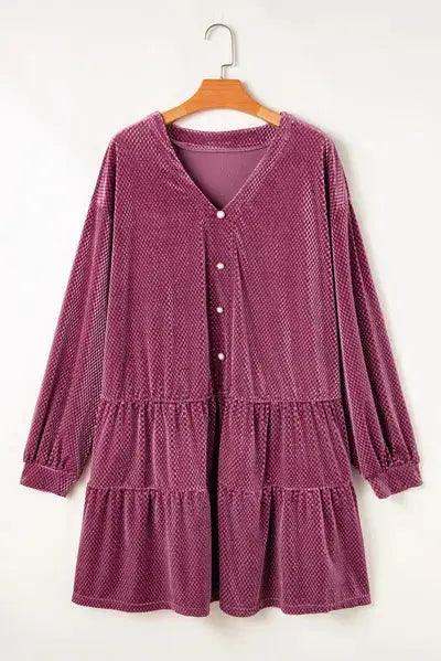Plus Size Textured Velvet Decorative Button Long Sleeve Dress - Clothes For Her Online Store