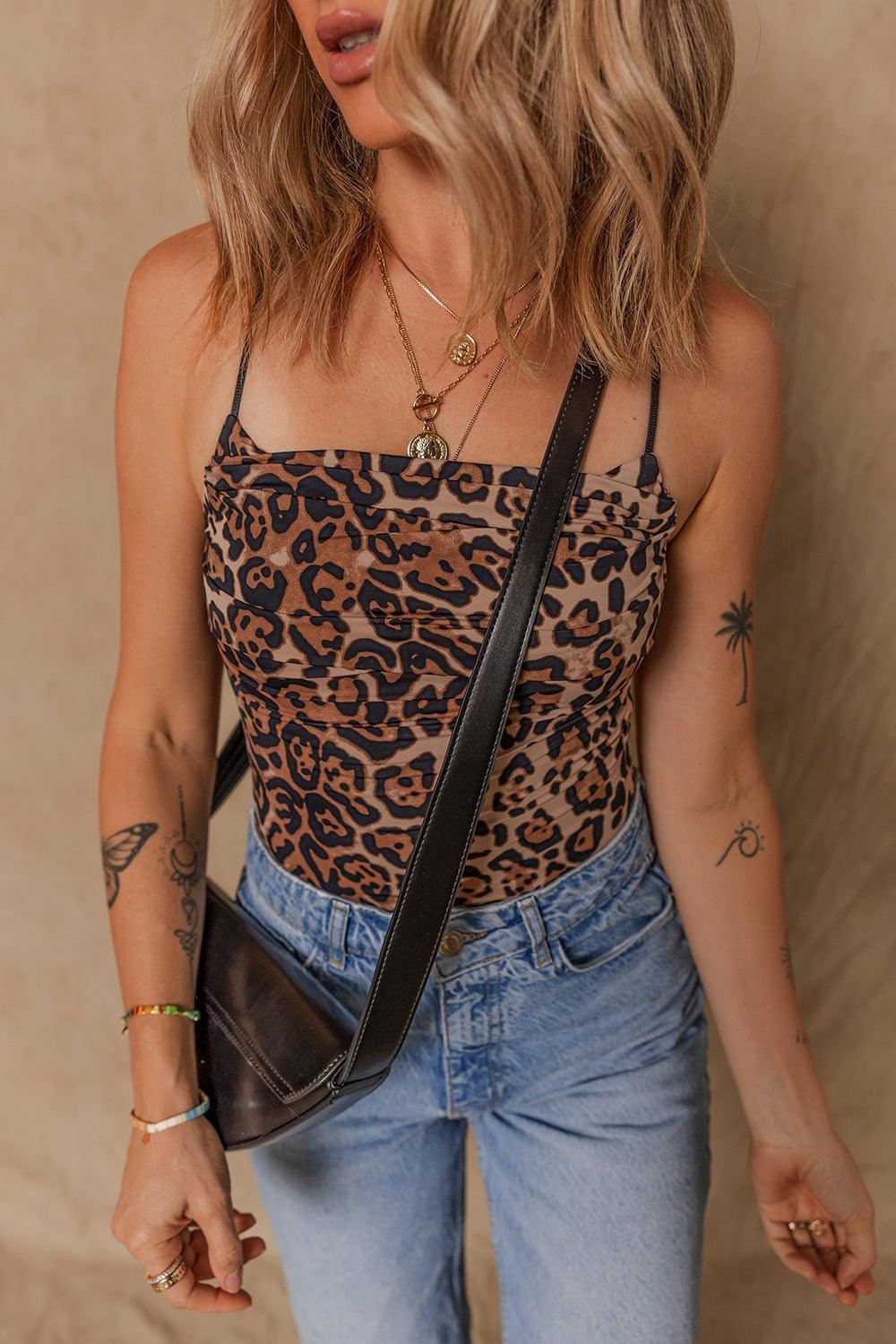 Spaghetti Straps Ruched Leopard Bodysuit - Clothes For Her Online Store