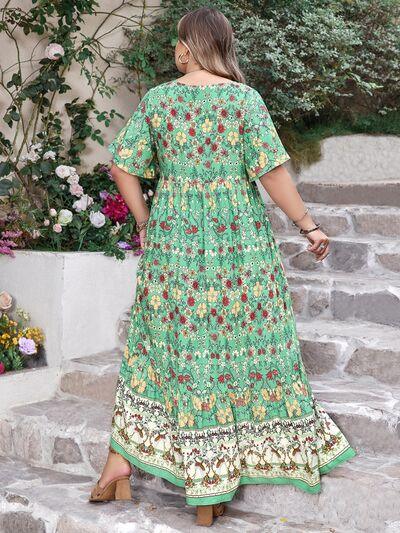 Plus Size Floral Tie Neck Flutter Sleeve Maxi Dress - Clothes For Her Online Store